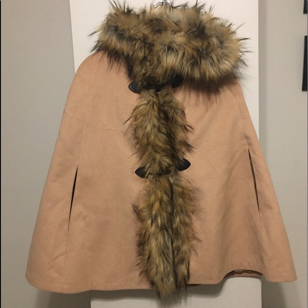 FAUX fur hooded cape